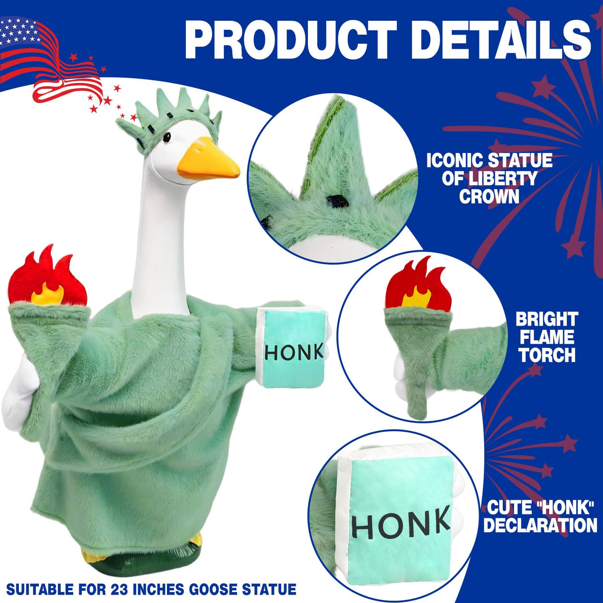 Kanmeii Statue of Liberty Porch Goose Outfit for 23 Inch Lawn Goose Patriotic 4th of July Costume for Cement & Plastic Goose Sculpture, Independence Day Goose Clothes for Garden Patio Yard Decoration