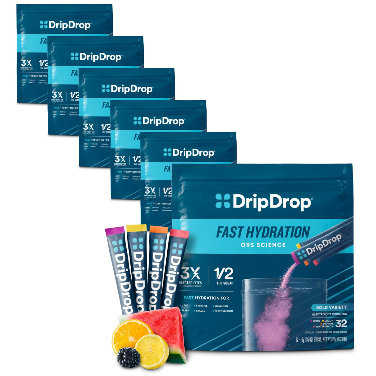 DripDrop Hydration Packets - Bold Variety Pack - Single Serve Electrolytes Powder Drink Mix - Watermelon, Berry, Lemon, Orange - Non-GMO, Gluten Free, Vegan - 192 Sticks