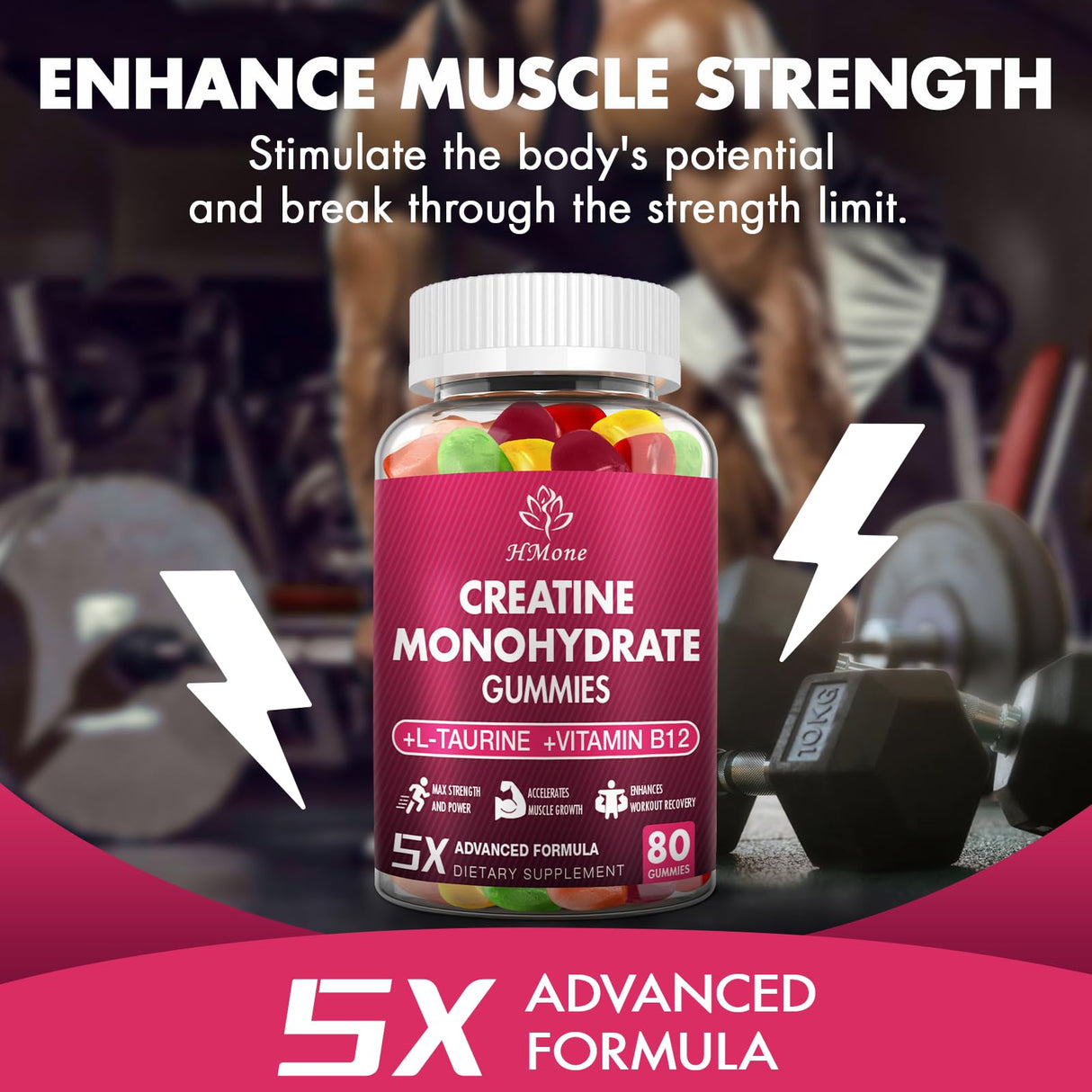 HMone Creatine Monohydrate Gummies - 5g for Men & Women, 160 Count and Creatine Chewable Supplements for Muscle Gain, Muscle Strength, Energy Boost, and Muscle Builder, Sugar Free, Vegan