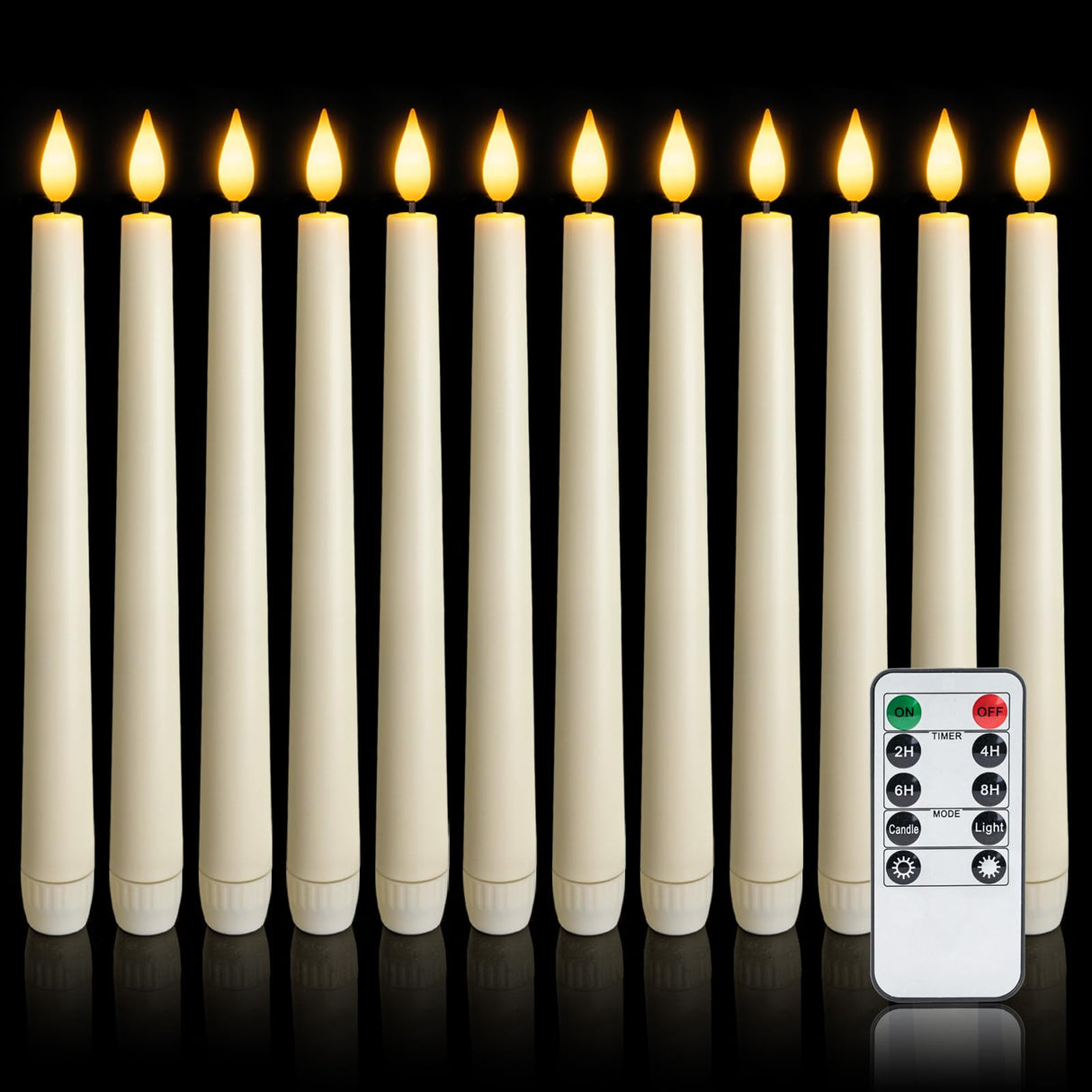 Meigic 12 Pcs Flameless Taper Candles with Remote, Timer, Plastic Battery Operated Window Candles, 9.6 Inches Ivory LED Candlesticks, for Halloween Christmas Home Decoration