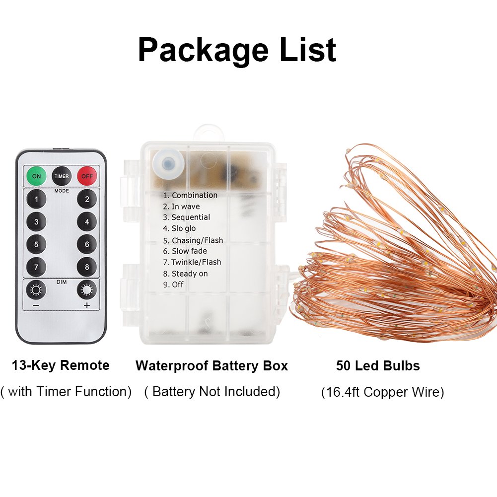 GDEALER 4 Pack 16.4 Feet 50 Led Fairy Lights Battery Operated with Remote Control Timer Waterproof Copper Wire Twinkle String Lights for Christmas Bedroom Indoor Outdoor Wedding Dorm Decor Warm White