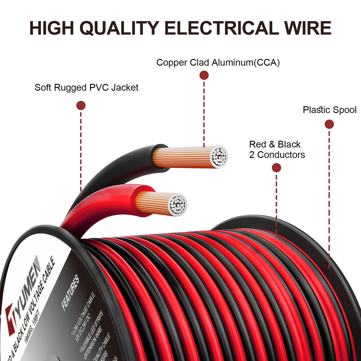 TYUMEN 100FT 14/2 Gauge Red Black Cable Hookup Electrical Wire LED Strips Extension Wire 12V/24V DC, 14AWG Flexible Extension Cord for LED Ribbon Lamp Tape Lighting