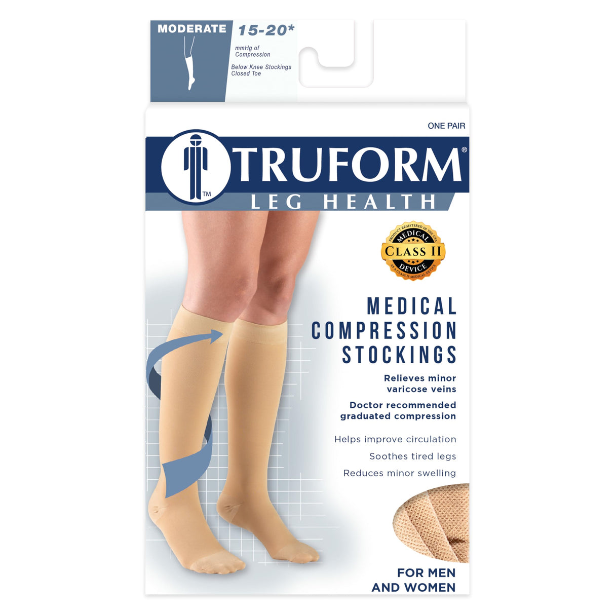 Truform 15-20 mmHg Compression Stockings for Men and Women, Knee High Length, Closed Toe, Beige, Medium