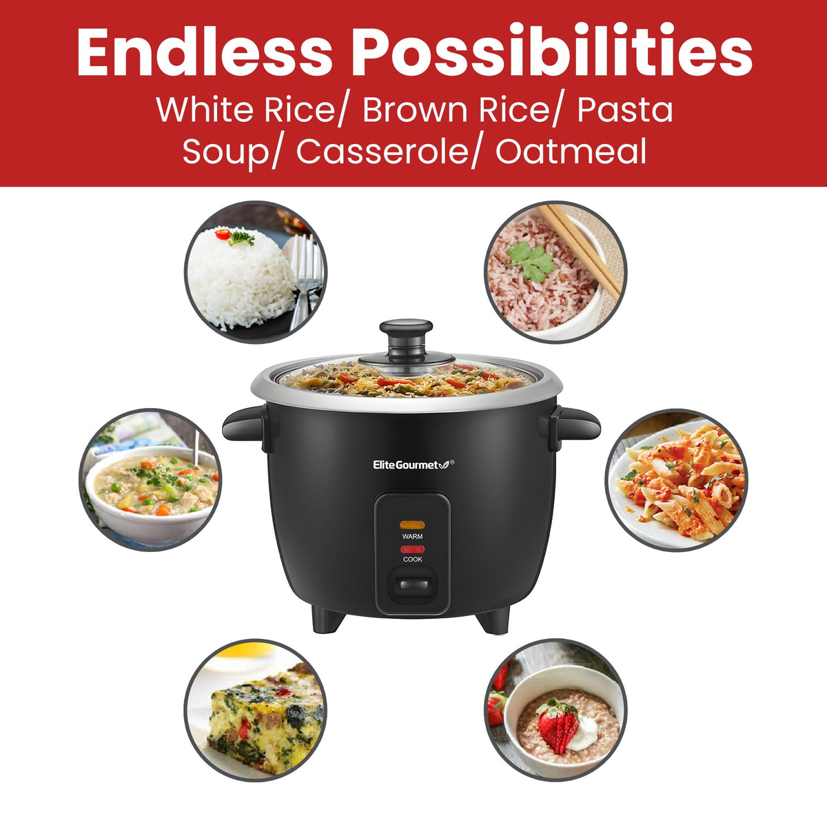 Elite Gourmet ERC003BX Rice Cooker, Keep Warm, Black, 6 Cups Cooked