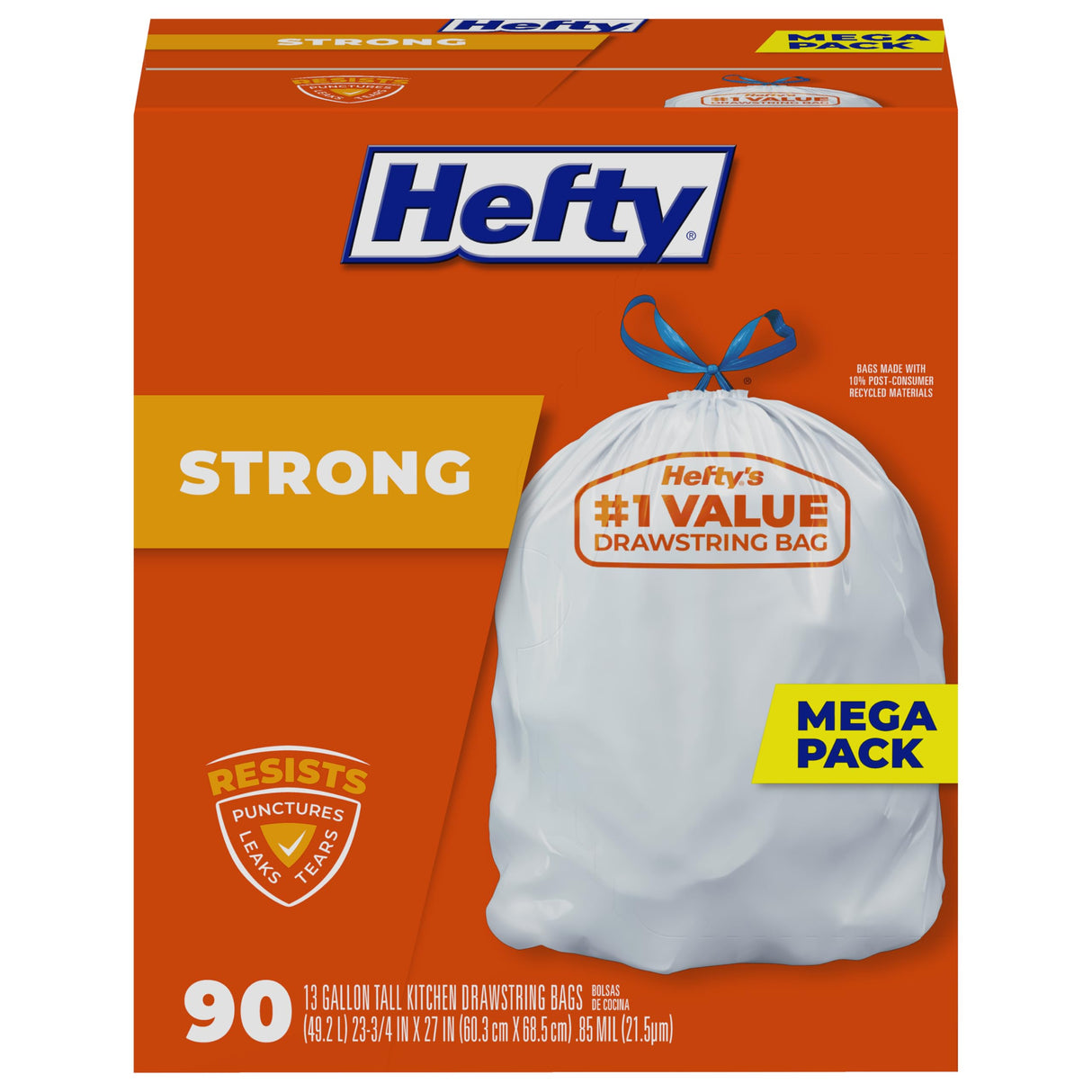 Hefty Strong 13 Gallon Trash Bags, Tall Kitchen Bags, UnscentedLarge Bags with Drawstrings, Durable Closure, Resists Leaks, Punctures, and Tears, White, Unscented, 90 Bags