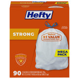 Hefty Strong 13 Gallon Trash Bags, Tall Kitchen Bags, UnscentedLarge Bags with Drawstrings, Durable Closure, Resists Leaks, Punctures, and Tears, White, Unscented, 90 Bags