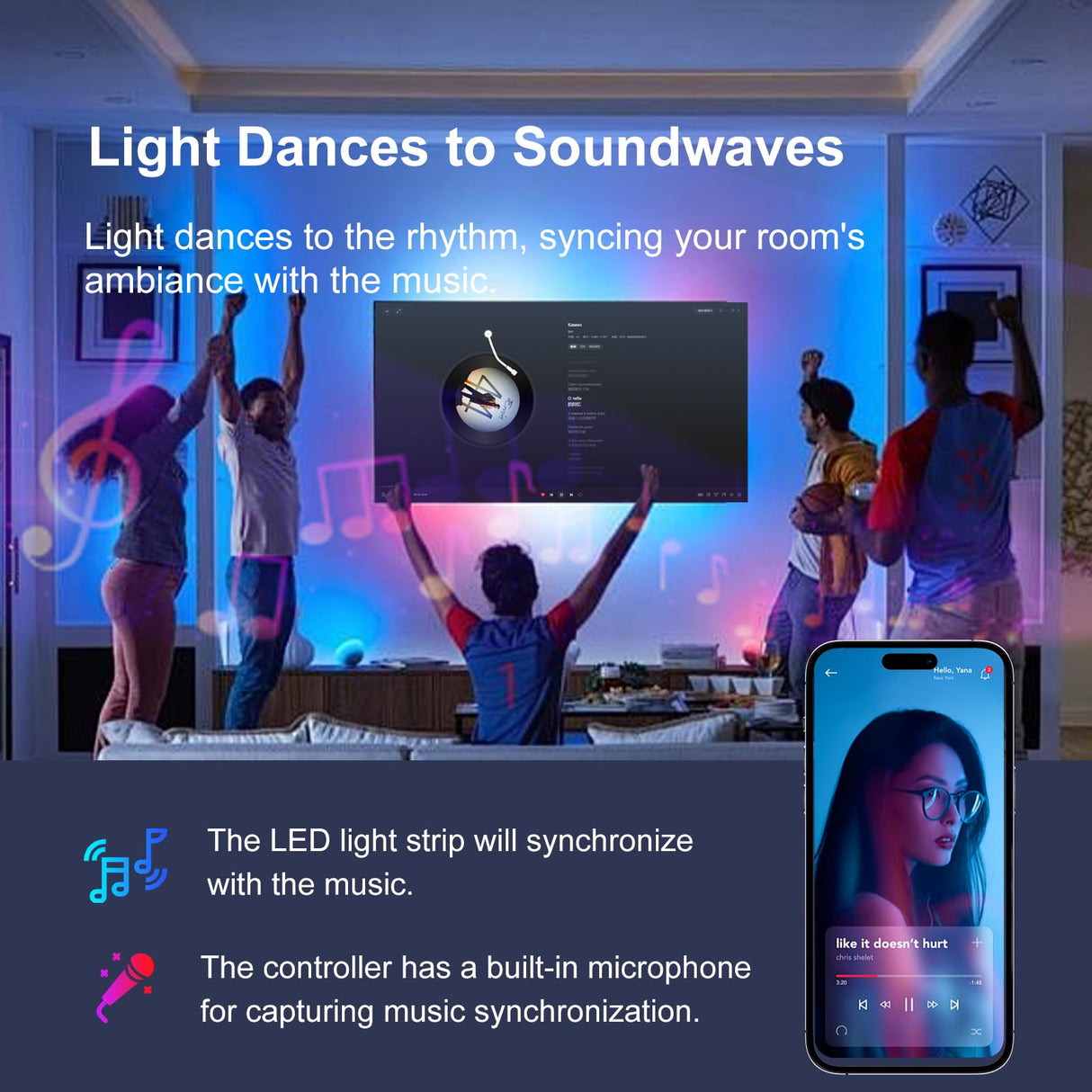 200 FT Led Lights for Bedroom (2 Rolls 100 FT), Music Synchronized Smart Led Strip Lights, Ultra Long with Remote Application Control Bluetooth LED Lights, Color Change RGB Light