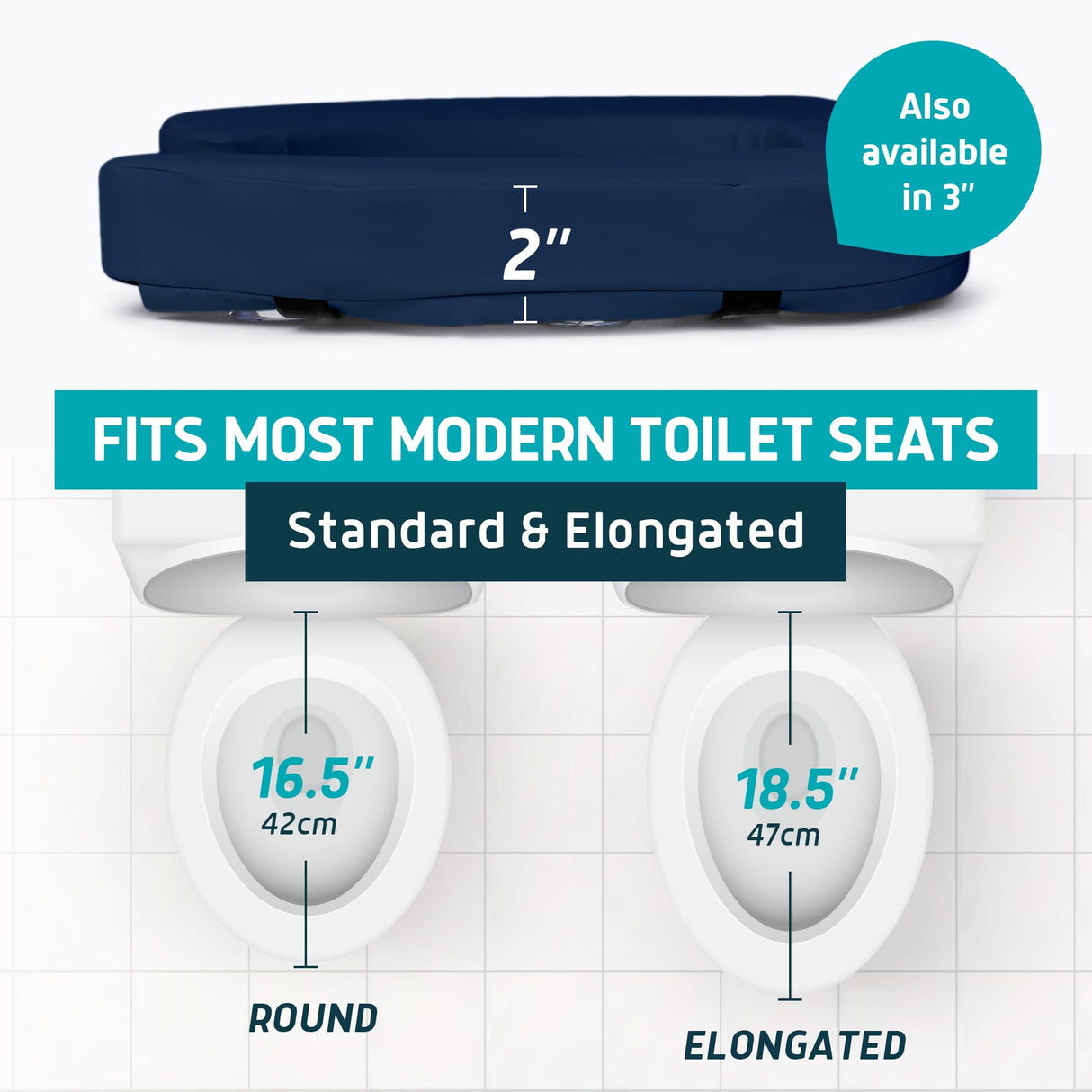 Lunderg Toilet Seat Riser for Seniors - Adds 2 inches - Universal Fit - FIRM Raised Toilet Seat Cushion with High-Density Foam for enhanced Comfort & Elevation. Post-Surgery Must Have (Blue)