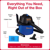 Koblenz Wet Dry Vacuum Cleaner, 2 Gallon 2.0 PHP, 60 CFM, 10 ft Reach, Twist-N-Lock Hose, Small Shop Vac, Portable Shop Vac for Home Car Garage Workshop, Accessories Included, Blue/Black, WD-2L