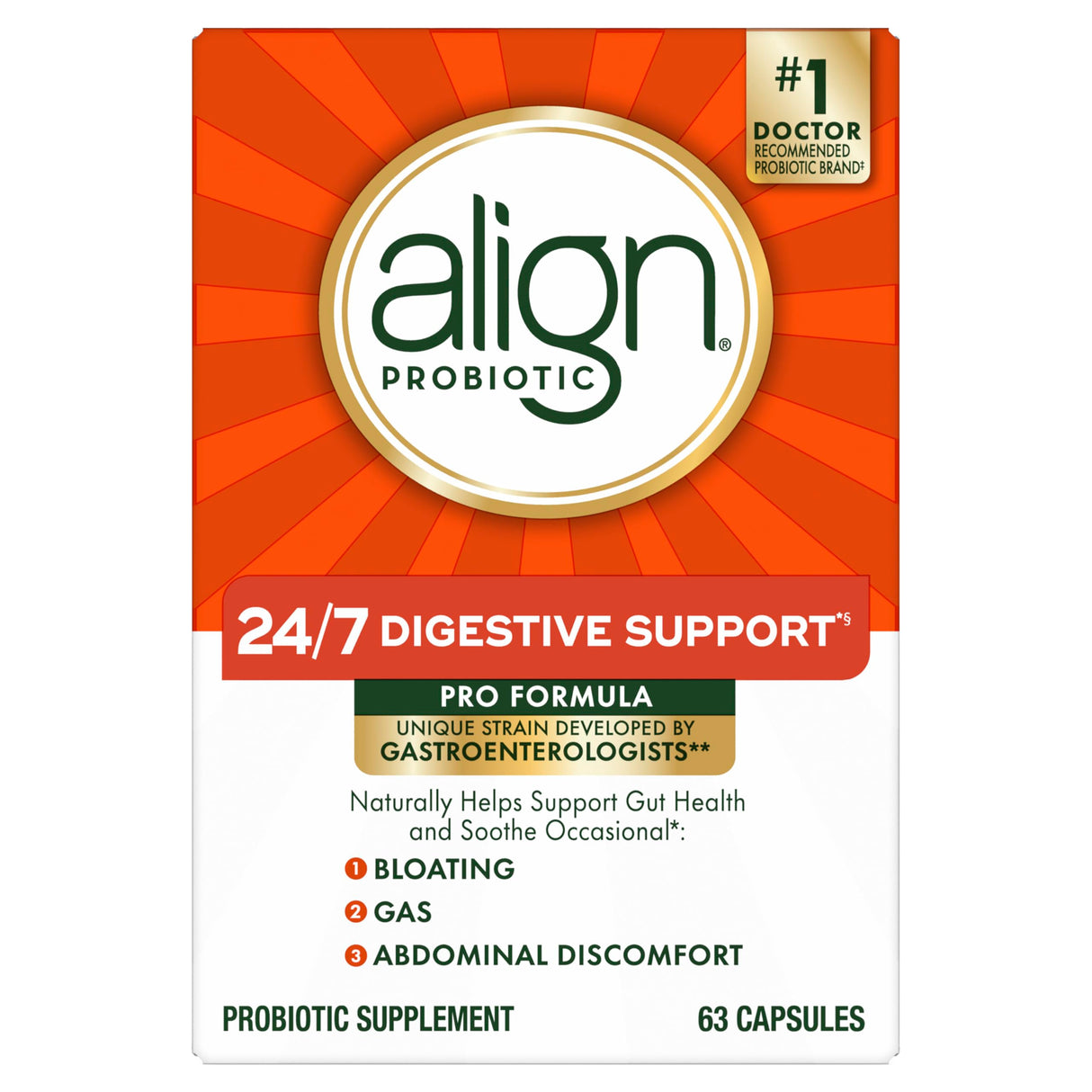 Align Probiotic, Pro Formula, Probiotics for Women and Men, Daily Probiotic Supplement, Helps Soothe Occasional Bloating & Gas*, #1 Doctor Recommended Brand‡, 63 Capsules (Packaging May Vary)