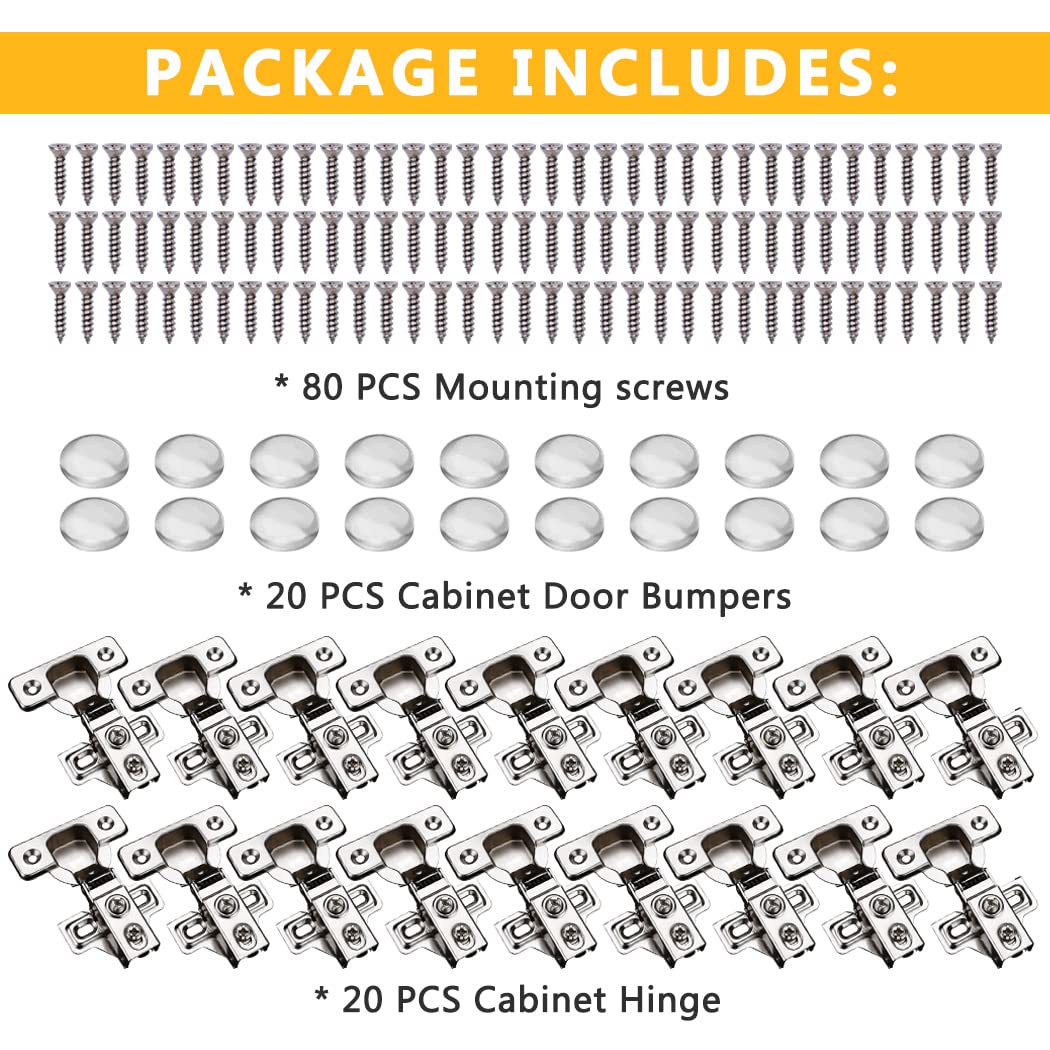 20 Pack Soft Close Cabinet Door Hinges for 1/2 Inch Overlay Cupboard, 105 Degree Opening Angel, Stainless Concealed Kitchen Cabinet Hinges with Mounting Screws, Manual and Door Bumpers