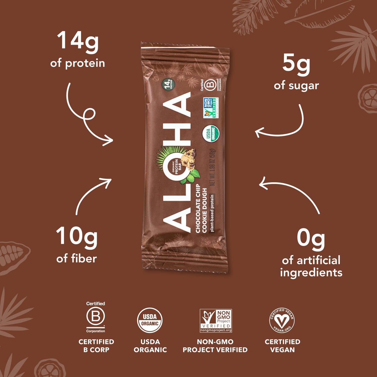 Aloha Organic Plant Based Protein Bars Chocolate Chip Cookie Dough, 1.98 Oz,(Pack of 12)