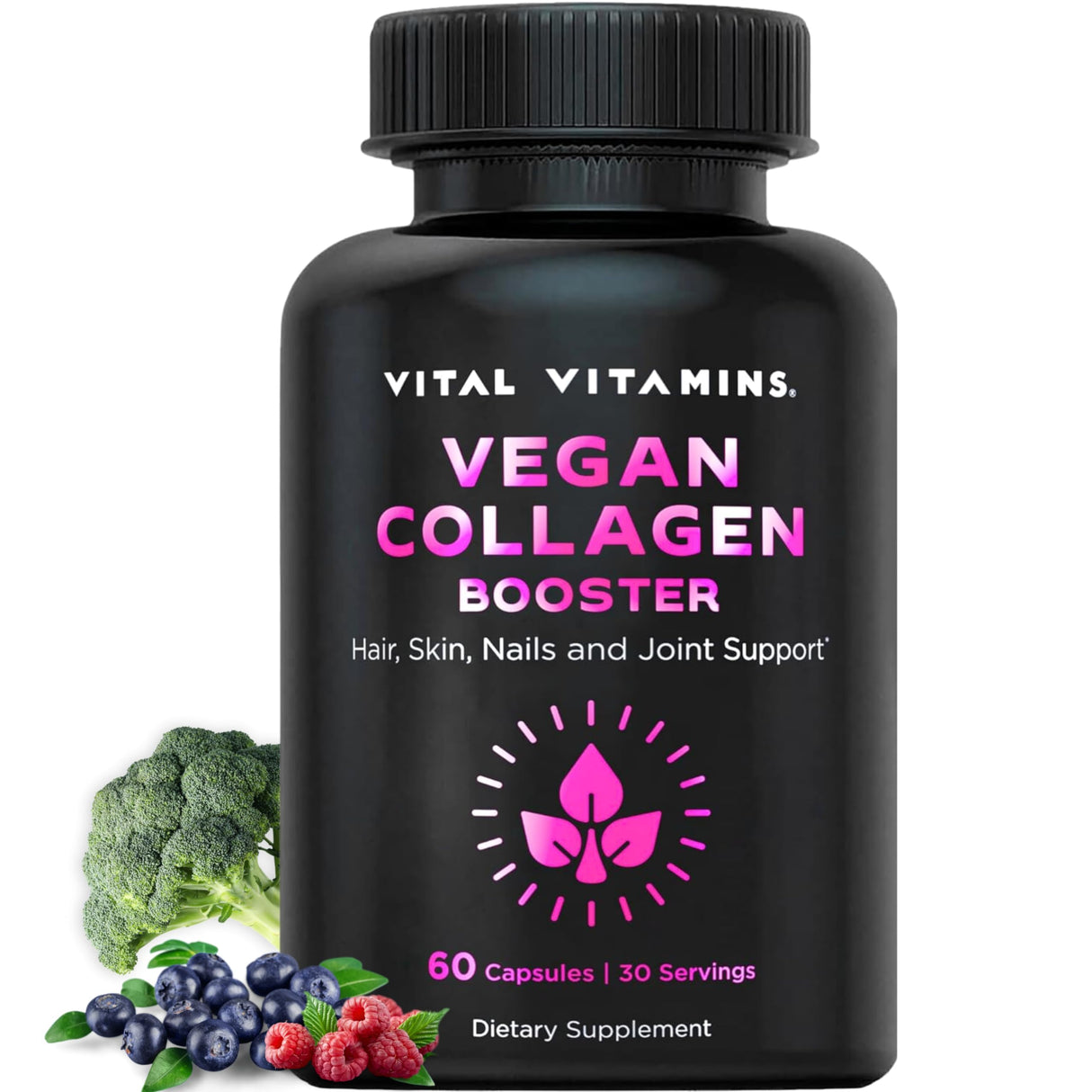 Vital Vitamins Vegan Collagen Booster - Plant-Based Collagen Supplements - Supports Hair, Skin, Nails & Joints - with Hyaluronic Acid - 60 Capsules