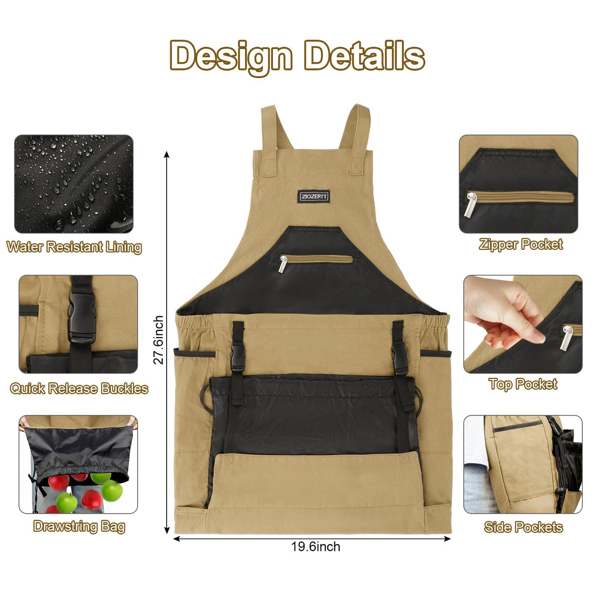 ZIOZERTT Garden Apron,Harvest Apron with Drawstring Bag and Pockets for Women and Men,Canvas Gardening Tool Belt, Gardening Gifts for Mom,Dad,Brown