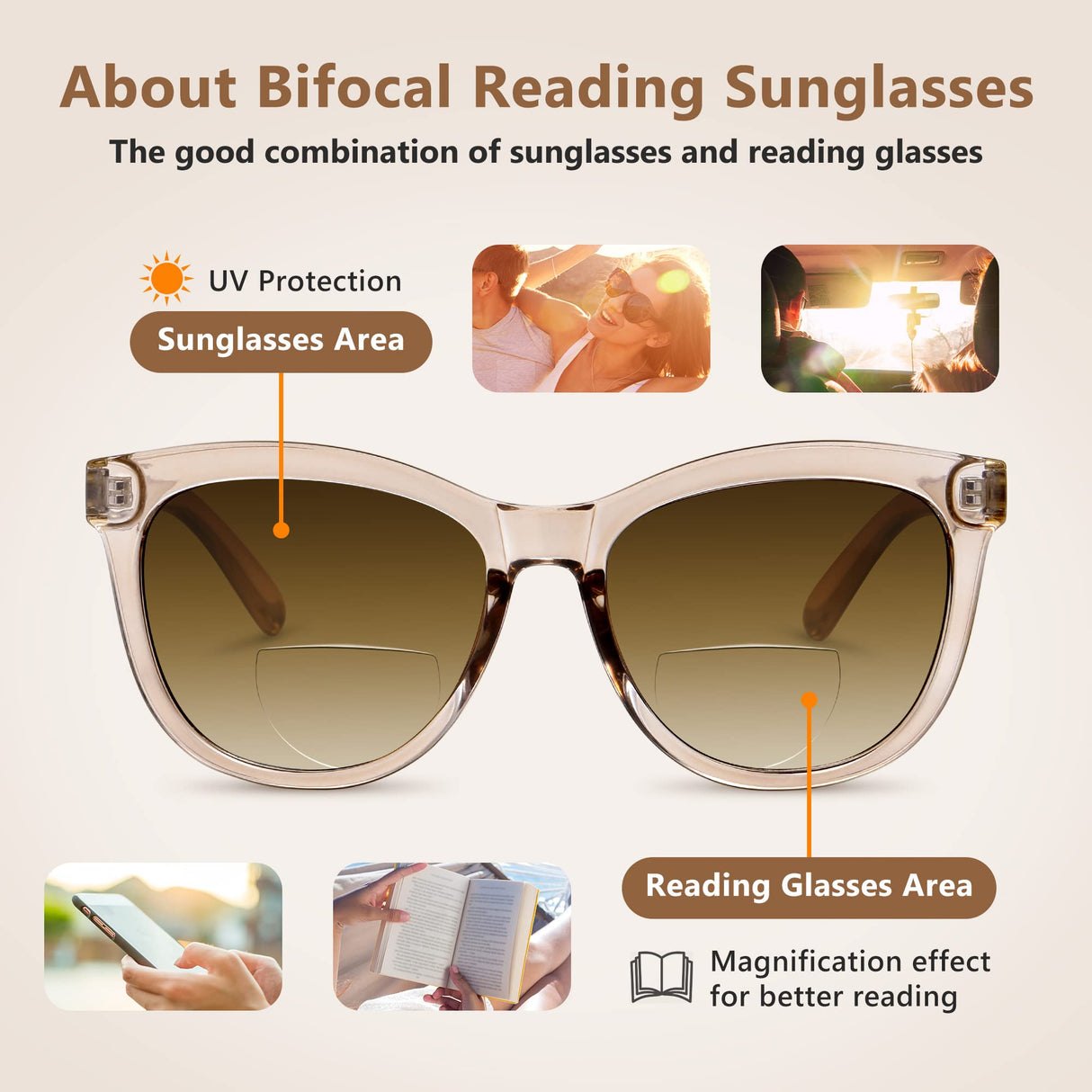 EASY READ Bifocal Reading Sunglasses for Women，Fashion Sun Readers UV400 Protection(Magnification 2.50, Brown)