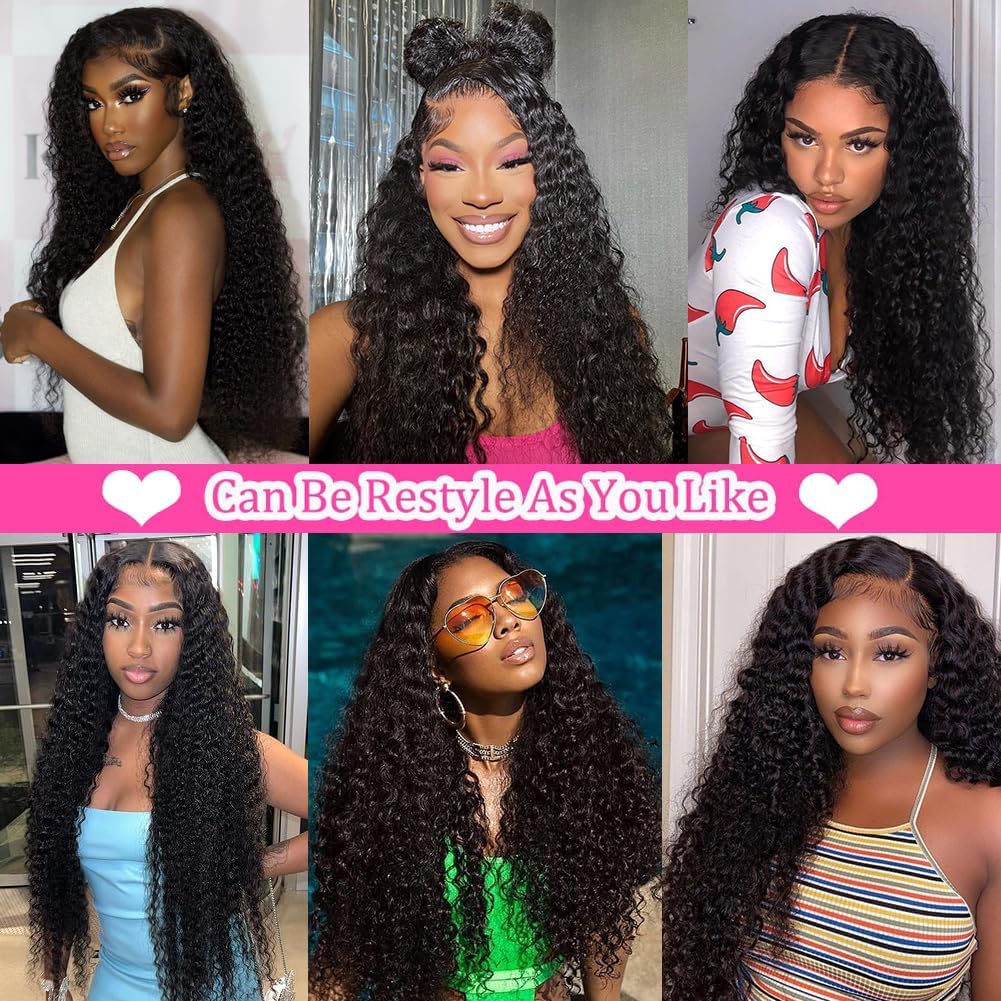 Kdmidun 28 Inch 13x6 Deep Wave Lace Front Wigs Human Hair Pre Plucked 200% Density 13x6 HD Transparent Lace Frontal Curly Wigs Human Hair Glueless Deep Curly Human Hair Wigs For Women Natural Black