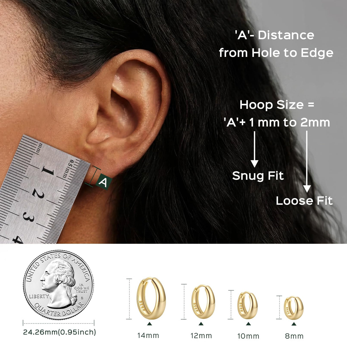 ChicSilver 14K Gold Plated Huggie Hoop Earrings 8mm, 925 Sterling Silver Tiny Gold Hoop Earrings for Women, Hypoallergenic Lightweight
