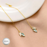 Reffeer Solid 925 Sterling Silver Leaf Chain Dangle Earrings for Women Teen Girls Leaf Dangle Drop Earrings Threader Tassel (B-18K Gold)
