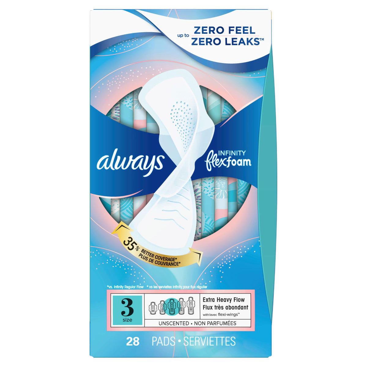 Always Infinity Feminine Pads for Women, Flexfoam Pads with Wings, Size 3, Extra Heavy Absorbency, Unscented, 84 Count (3 Packs of 28)