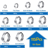 Seept 115Pcs 10-Sizes 304 Stainless Steel Single Ear Hose Clamps with Ear clamp plier 6-28.6mm Crimp Hose Clamps Assortment Kit for Auto/Home Appliance/Pipe/Fuel Line Stepless hose clamp with pincer
