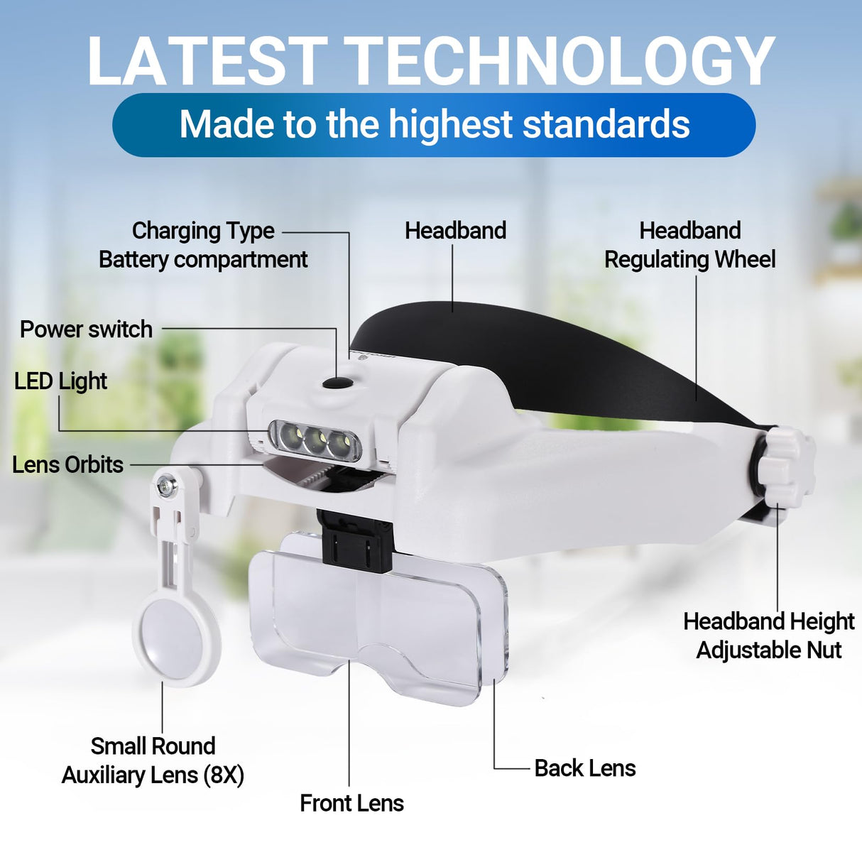 YOCTOSUN Magnifying Glasses with Light 1X-14X, Rechargeable LED Headband Magnifier with 6 Lenses and Storage Case, Hands Free Head Magnifying Visor for Close Work, Sewing, Crafts,Jewelry