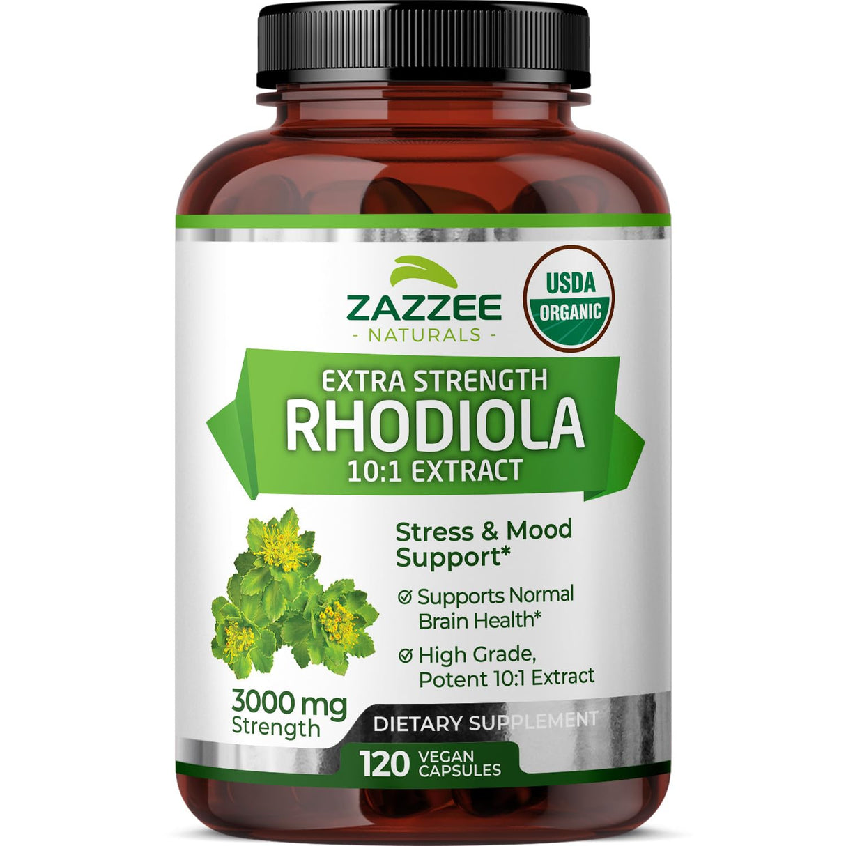 Zazzee USDA Organic Rhodiola 10:1 Exract, 3000 mg Strength, 120 Capsules, 4 Month Supply, Standardized and Concentrated 10X Extract, 100% Vegetarian, Extra Strength, All-Natural and Non-GMO