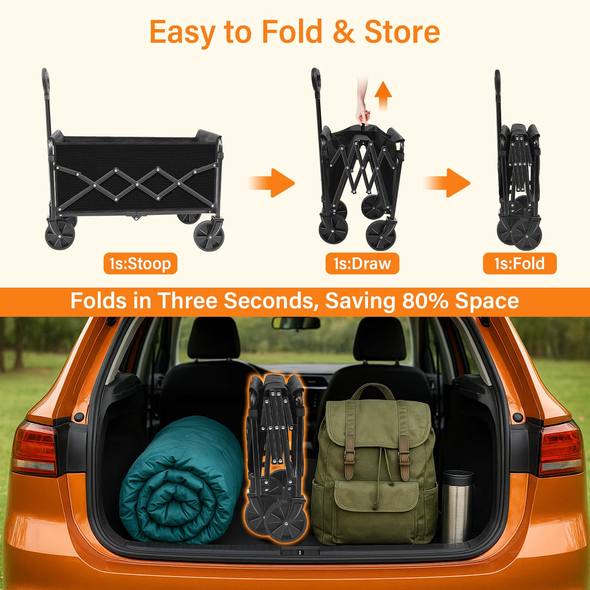 Wagons Carts Foldable, Collapsible Wagon, Folding Wagon Cart with Wheels, Wagons Carts Foldable 280 Lbs - Lightweight Portable Small Fold Up for Camping, Travel, Sports, Grocery, Shopping, Black