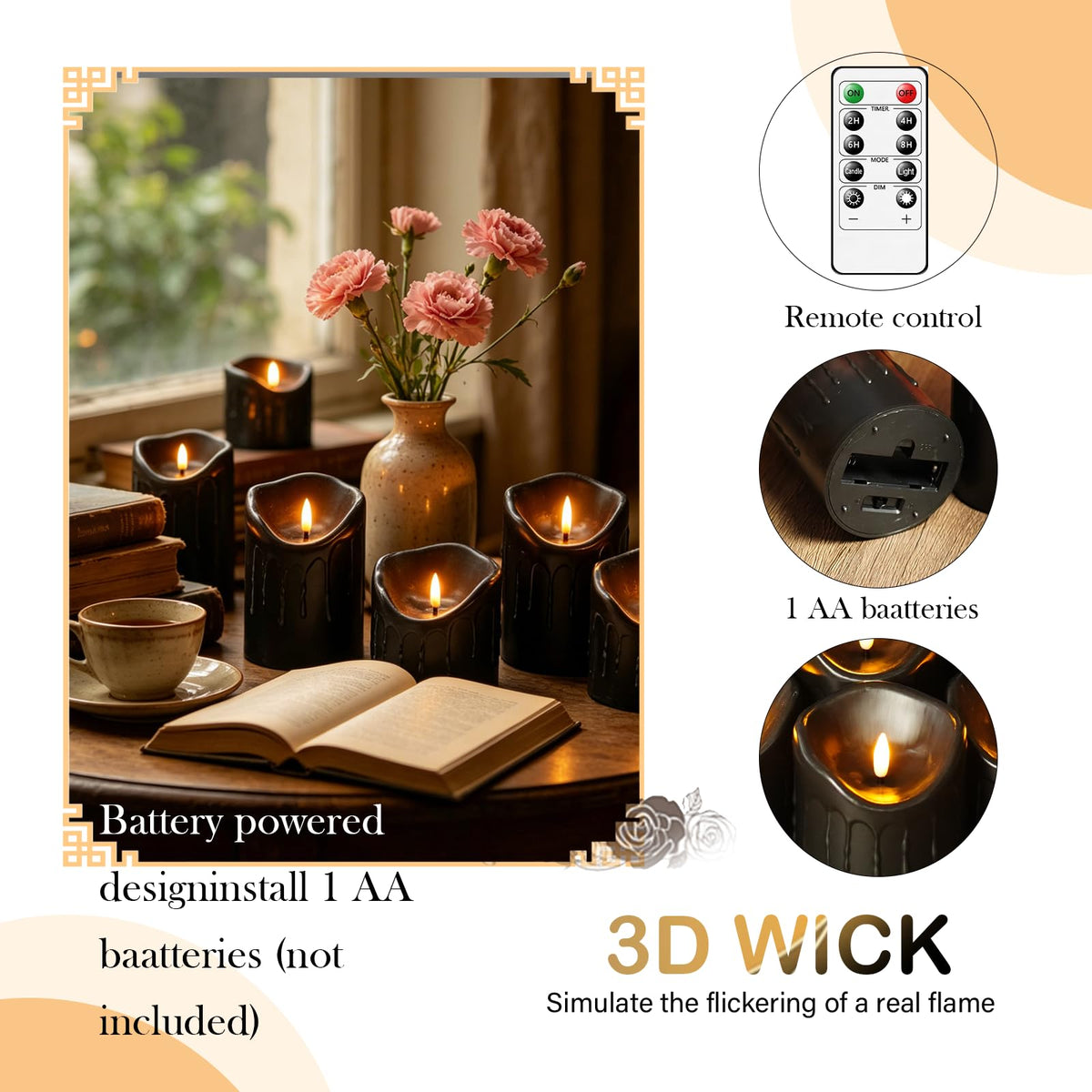 Xavnero 9 Pcs Flickering Flameless LED Pillar Candles, (D 3" x H 3" 4" 5" 6" 7") Battery Operated with Remote Plastic Wax Drip Fake Candles for Home Wedding Holiday Decor,Black