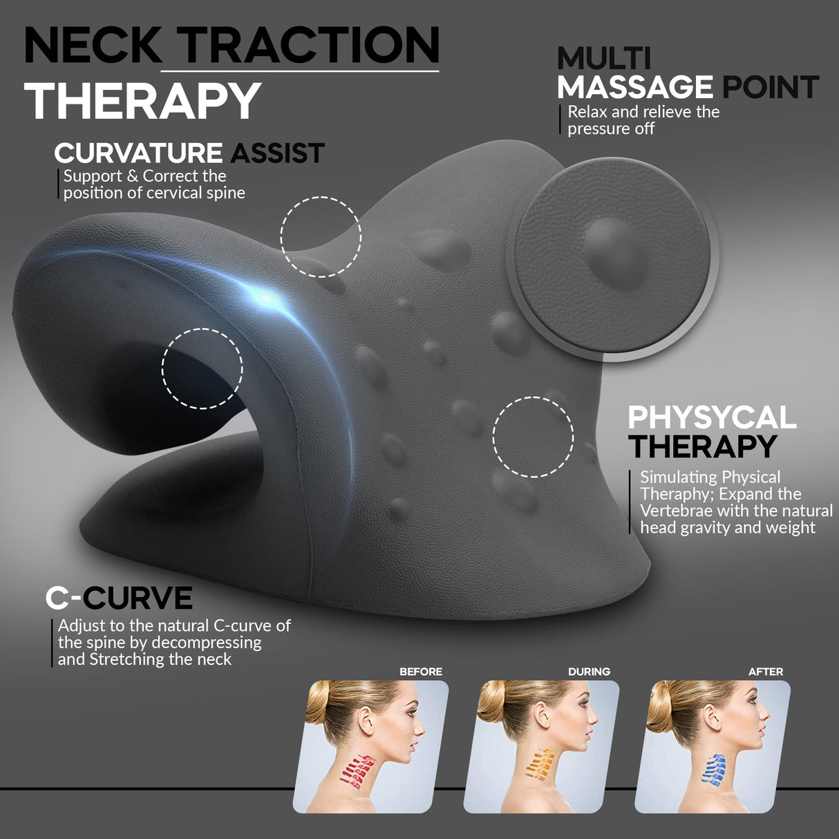 Neck Stretcher & Posture Corrector for Women and Men, FSA HSA Eligible, Cervical Traction for Spine Alignment, Adjustable Upper Back Brace & Elastic Support for Shoulder Back Pain Relief (Black)