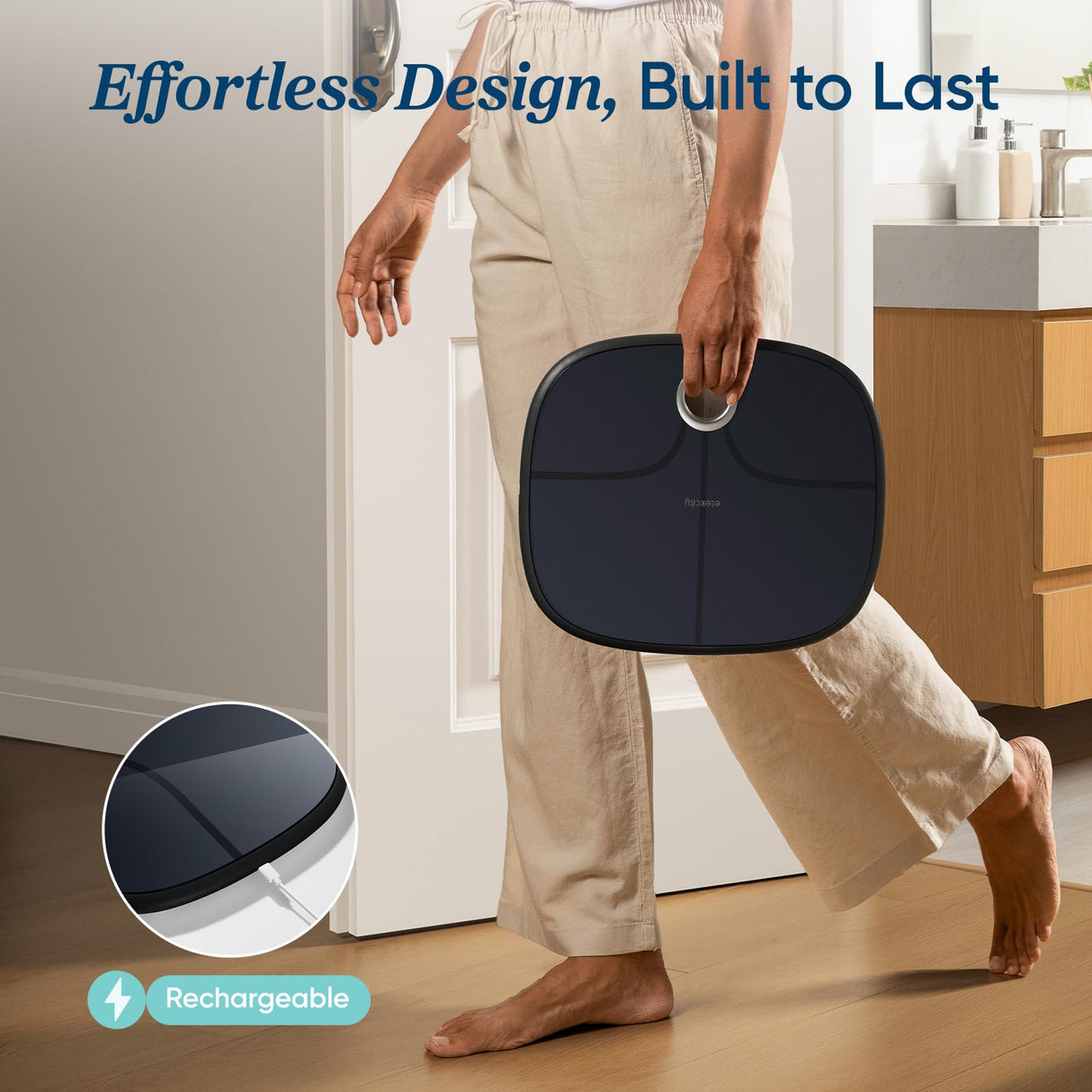 Etekcity Smart Rechargeable Scale for Body Weight, BMI, Fat, Muscle Mass, FSA HSA Eligible, Digital Bathroom Scale with 13 Metrics, Secret Mode, Bluetooth Connect to Free Apps, Stealth Black