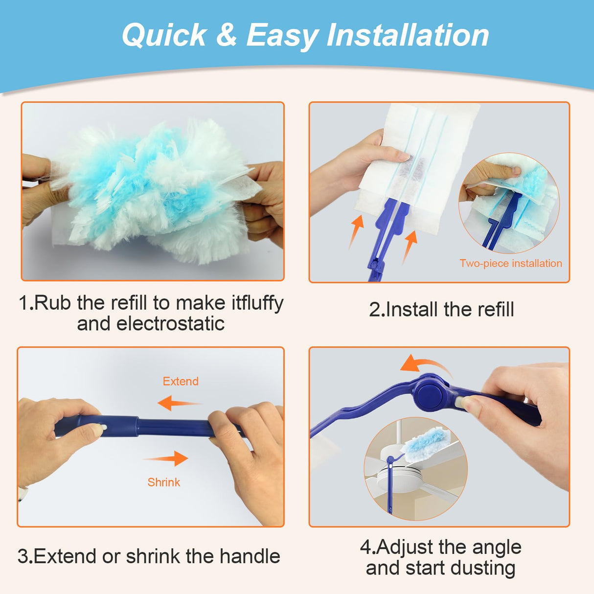 50 Count Duster Refills Kit for Swiffer Duster, One-Sided Electrostatic Duster with 2 Handles, Heavy Duty Dusters Refills Replacement for Cleaning Home, Blinds, Fans, Corners