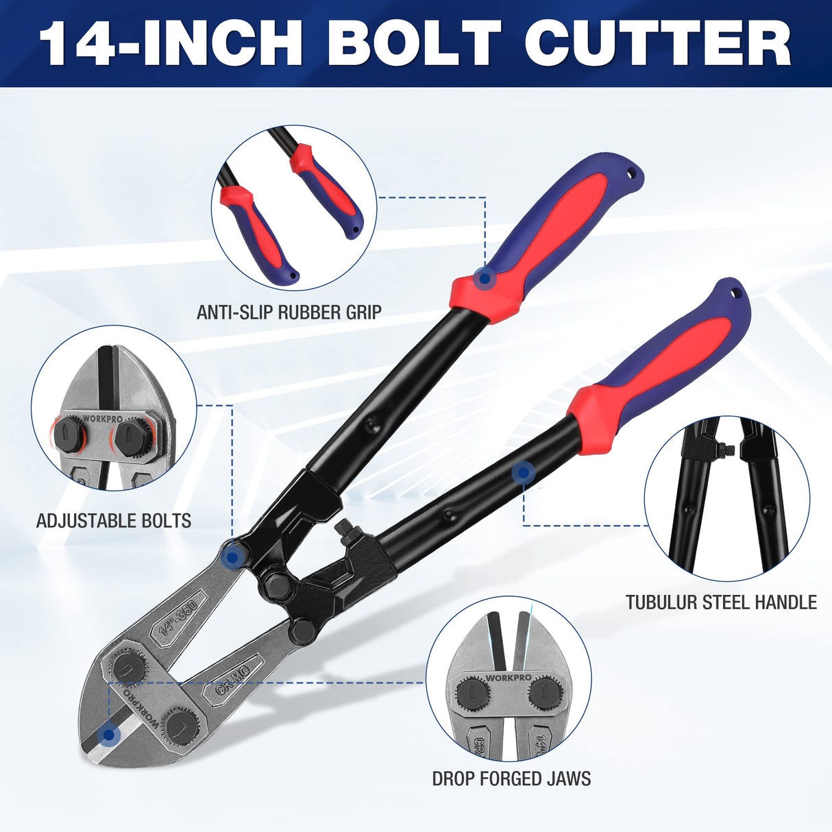 WORKPRO W017004A Bolt Cutter, Bi-Material Handle with Soft Rubber Grip, 14", Red&Blue