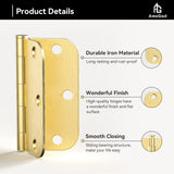 AmzGod Satin Brass Door Hinges - 12 Pack Gold Door Hinges 3.5 Inch Rounded Interior Door Hinge with 5/8" Radius - 3 1/2 Inches Flat Iron Brass Hinges for Residential Standard Doors