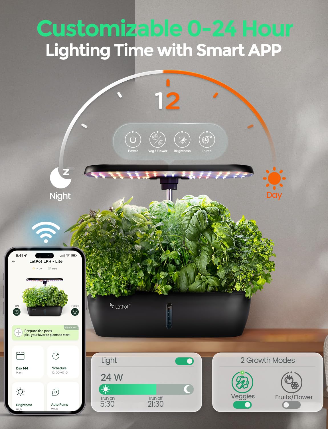 LETPOT LPH-Lite Hydroponics Growing System, 12 Pods Smart Herb Garden Kit Indoor, Indoor Garden, APP & WiFi Controlled, with 24W Growing LED, 5.5L Water Tank, Pump System, Automatic Timer