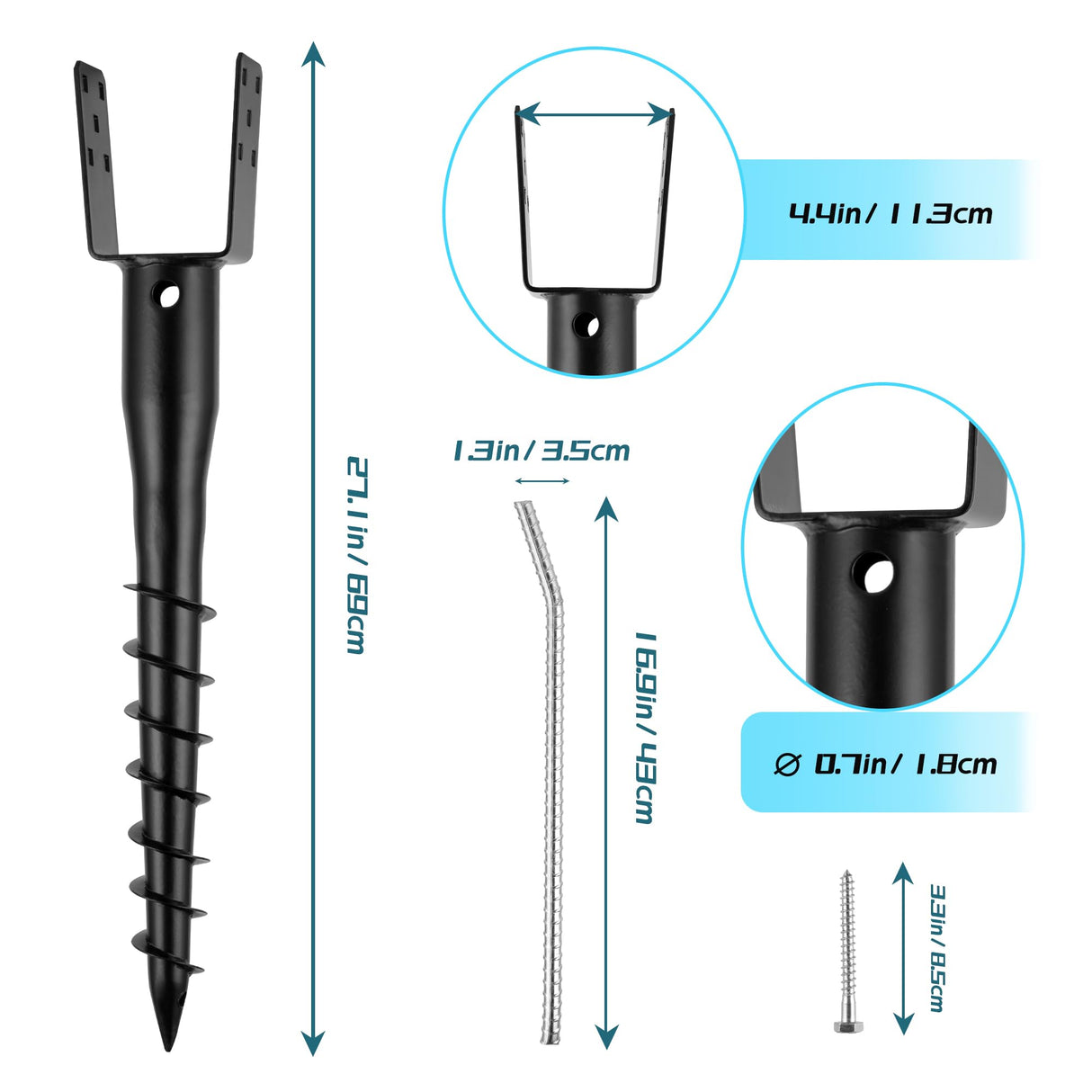 XYADX No Dig Ground Screw Anchor - Black U Shaped Post Stake for 4x4 Wood Posts, Includes Lag Bolts & 27" Rebar, for Mailbox Posts and Fence Posts Anchor, 4 Pack