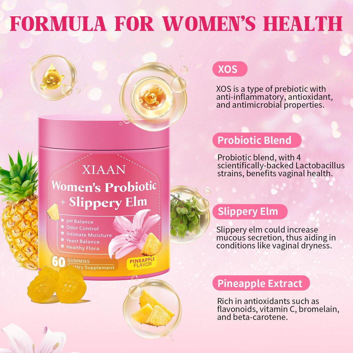 XIAAN Women Probiotic Slippery Elm Gummies, Her Juicy Feminine Probiotics Supports pH Balance & Immune System, Vaginal Probiotic Gummies, Suagr-Free, Veagn, Pineapple Flavor, 60 Count