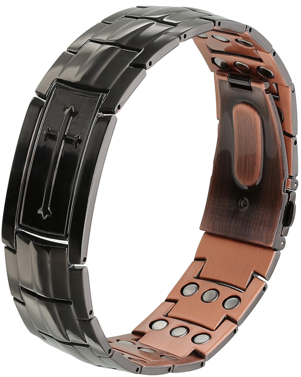 POLLDAN Cross Copper Bracelet for Men 6200 Gauss | Mens Bracelet 99.99% Pure Copper - Adjustable Fit | Christian Cross Magnetic Bracelets for Men - Stylish Religious Jewelry (Black Copper)