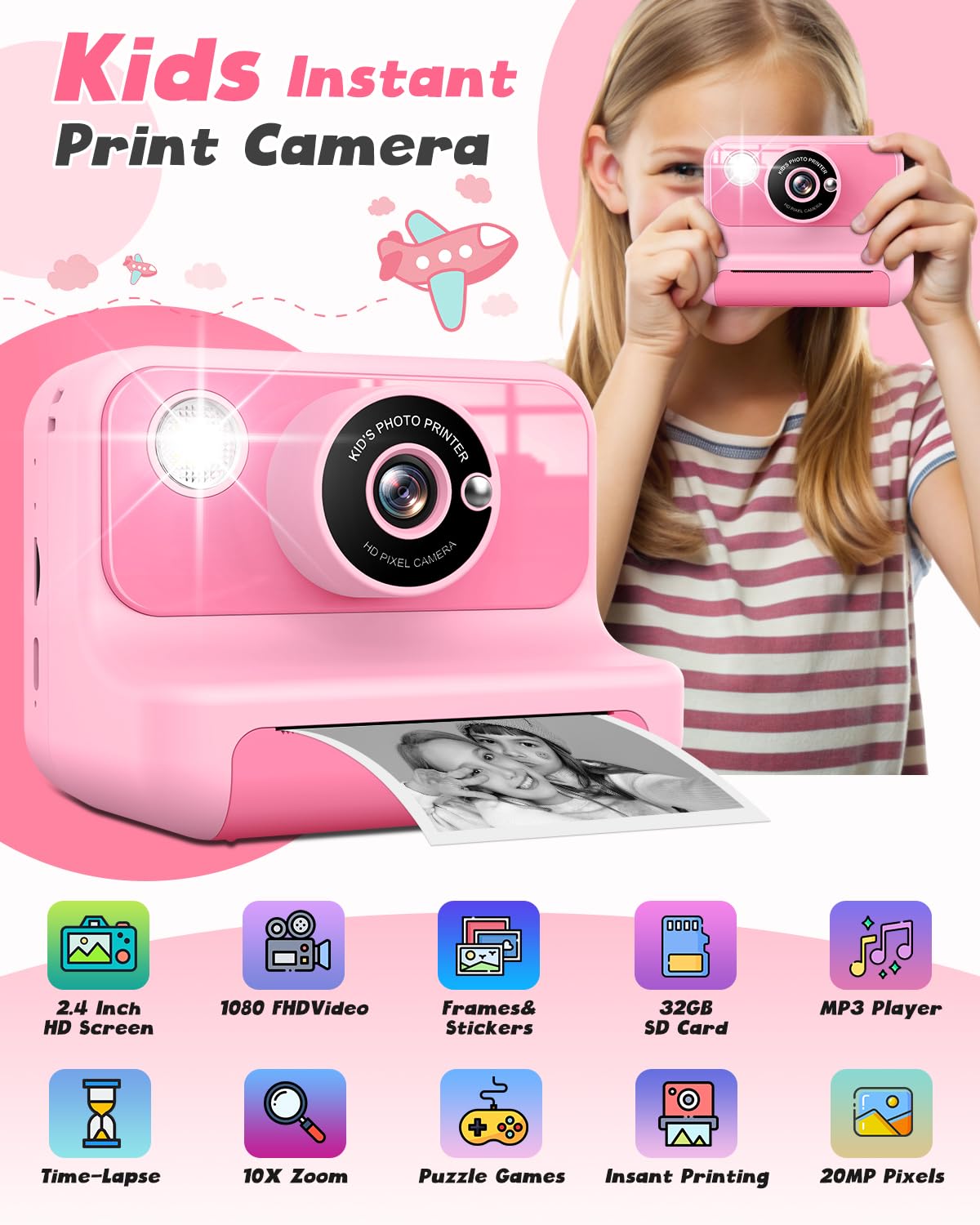 LETSHAHA Instant Print Camera for Kids, 1080P Digital Video Cameras, Christmas Birthday Gifts Toys for Age 3-12, Toddler Camera for 4 5 6 7 8 9 10 Year Old Girls - Pink