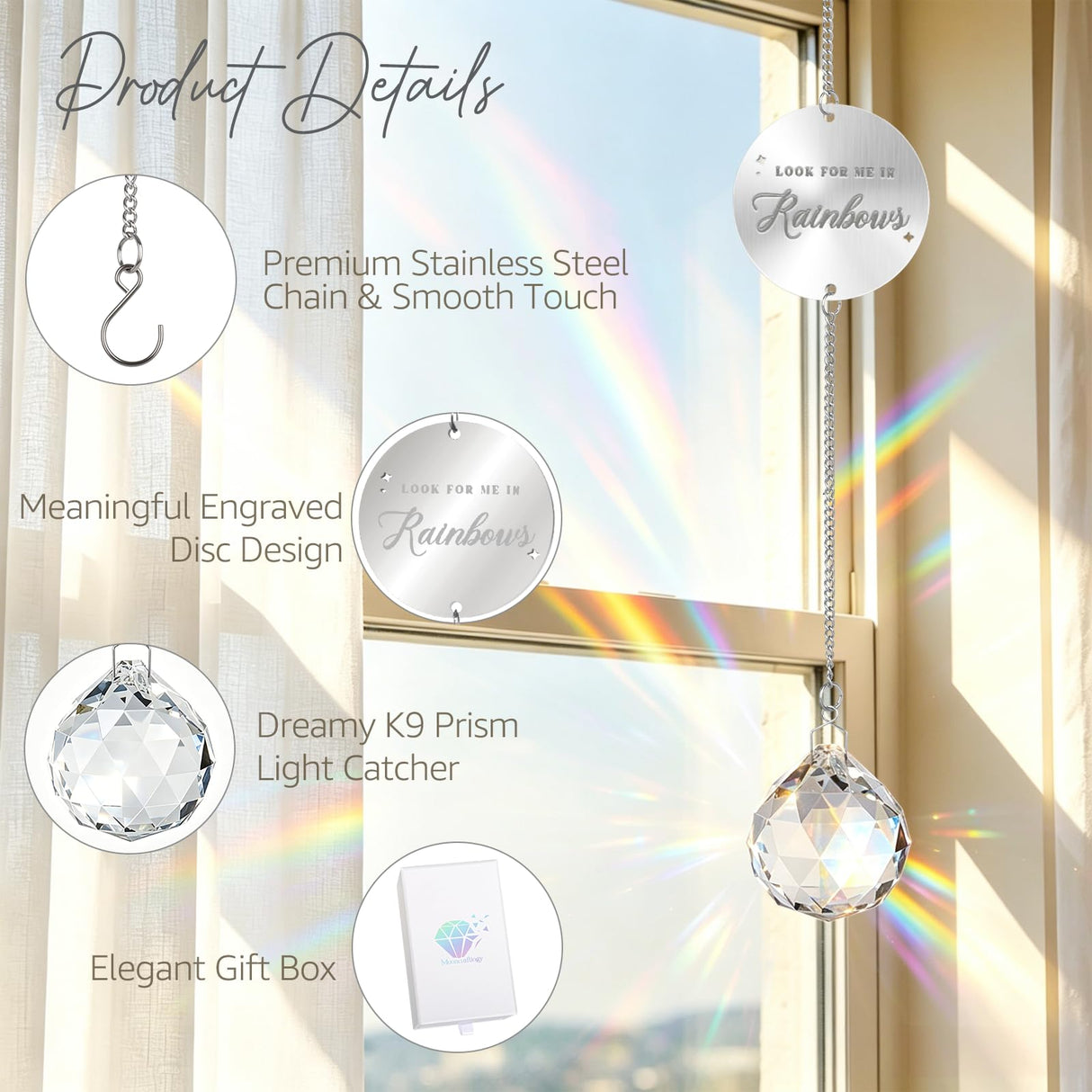 Mooncraftlogy Memorial Gifts for Loss of Loved One, Unique Sympathy Idea, Clear Crystal Ball Grief Suncatcher, Rainbow Bereavement Box for Mom Dad Husband Son Daughter