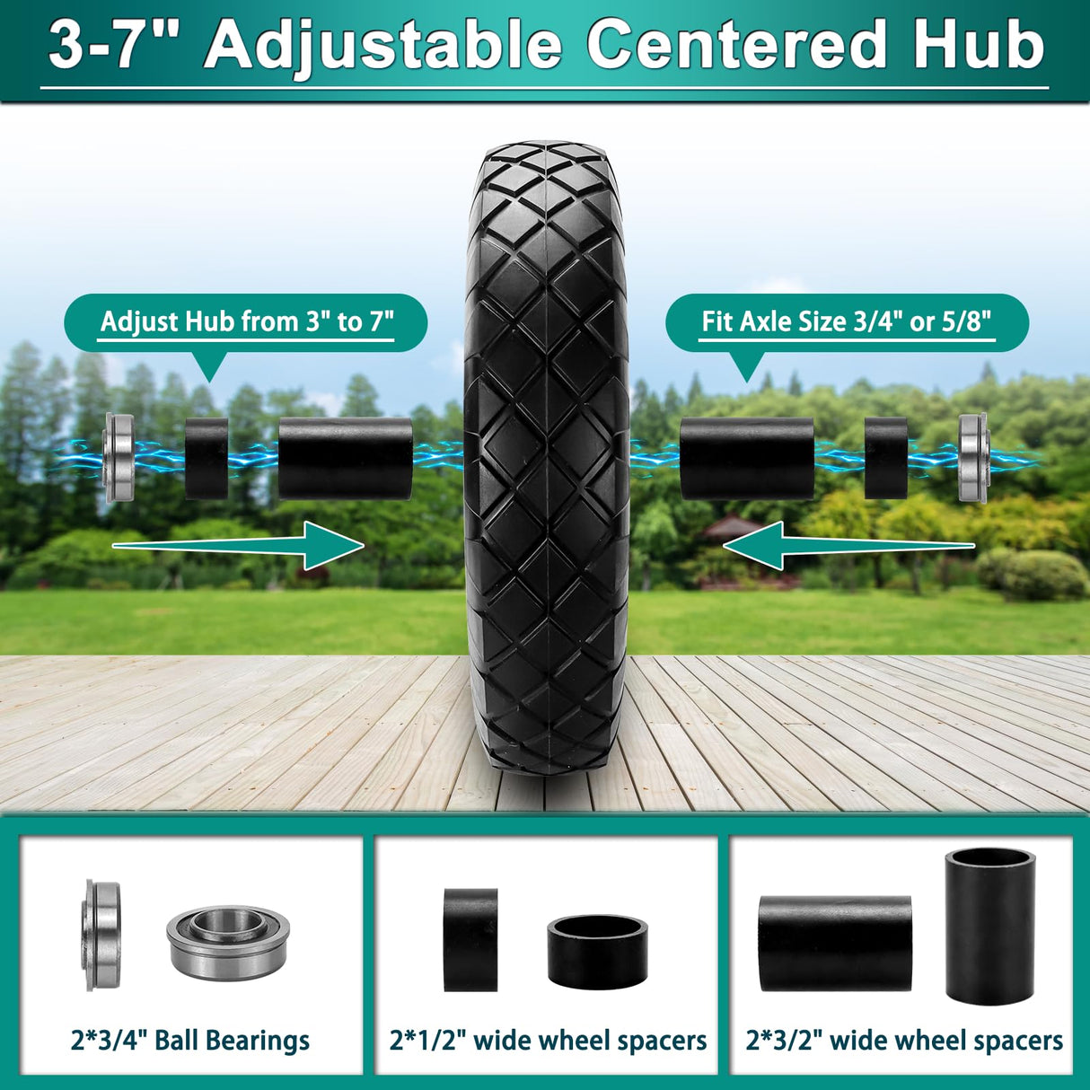 4.80/4.00-8 Flat Free Tire and Wheel- 16" Flat-Free Solid Wheelbarrow Tires with 5/8" & 3/4" Bearings, 3"-7" Centered Hub by Cenipar Universal Fit for Wheelbarrow,Hand Truck,Garden Trailer,Trolley
