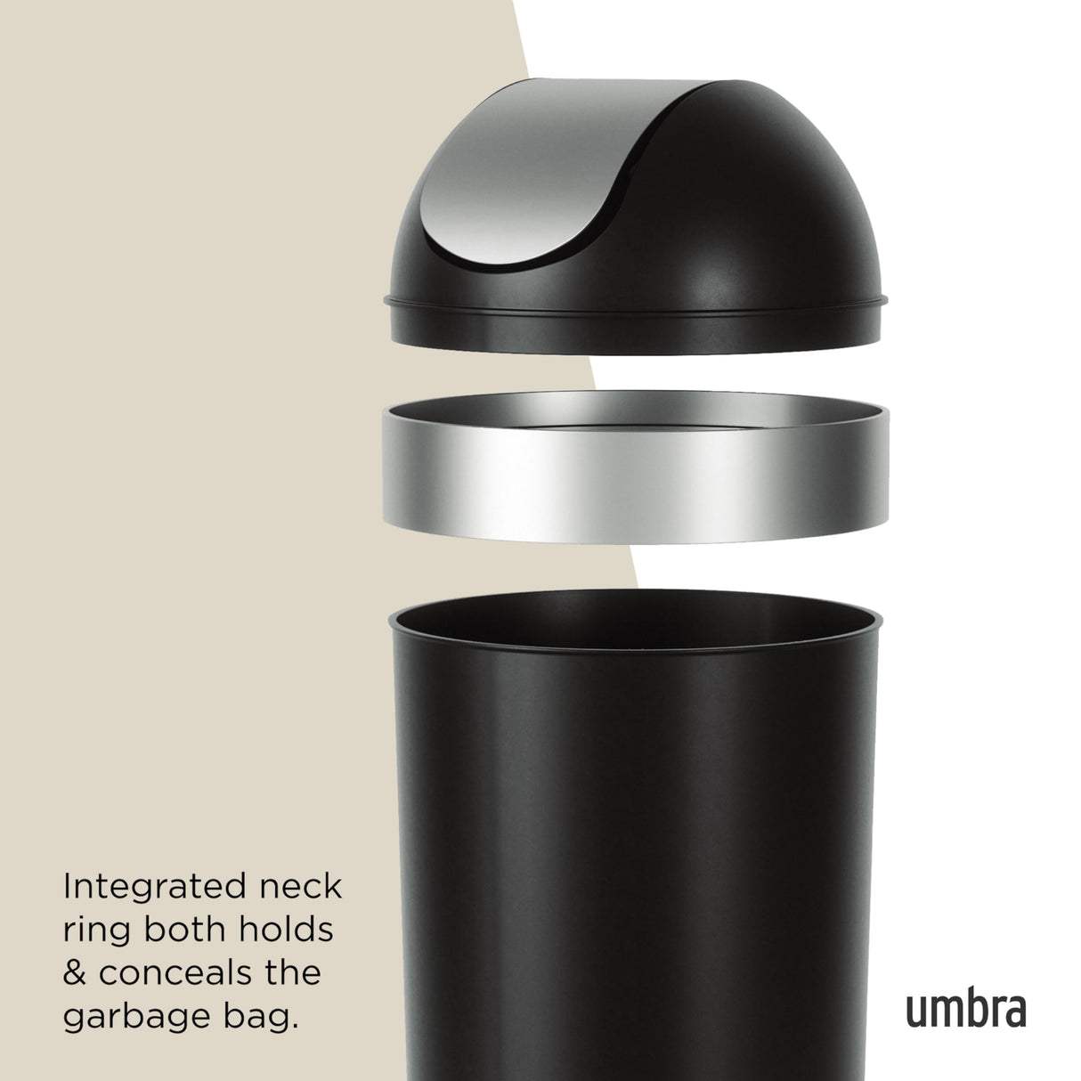 Umbra Venti Kitchen Trash Can with Swing Top Lid, Large 16-Gallon (62 L) Capacity, Black/Nickel