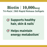 Nature's Bounty Biotin Hair Skin and Nails Vitamins, Supports Healthy Hair, Skin and Nails, 10,000 mcg, 120 Count (Pack of 3)