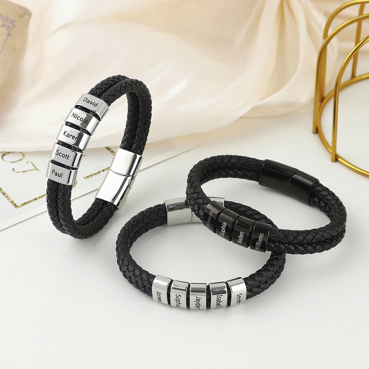 LASTSTA8 Fathers Day Dad Gifts from Daughter Son Custom Bracelet with Famliy Name Adjustable Braided Leather Bracelets Personalized Father‘s Day Bracelet for Dad
