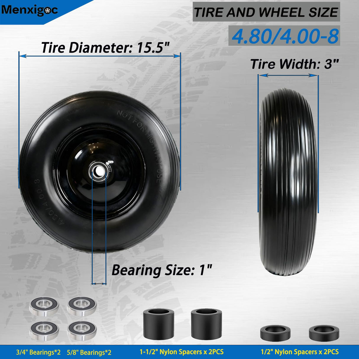 4.80/4.00-8 Solid Wheel with 1" Bore, 4.80-8 Tire with 3" Centered Hub - Complete Kit Includes Bearings & Spacers - for Wheelbarrow Log Splitter Wheel Barrel Yard Cart Garden Wagons - 2Pack