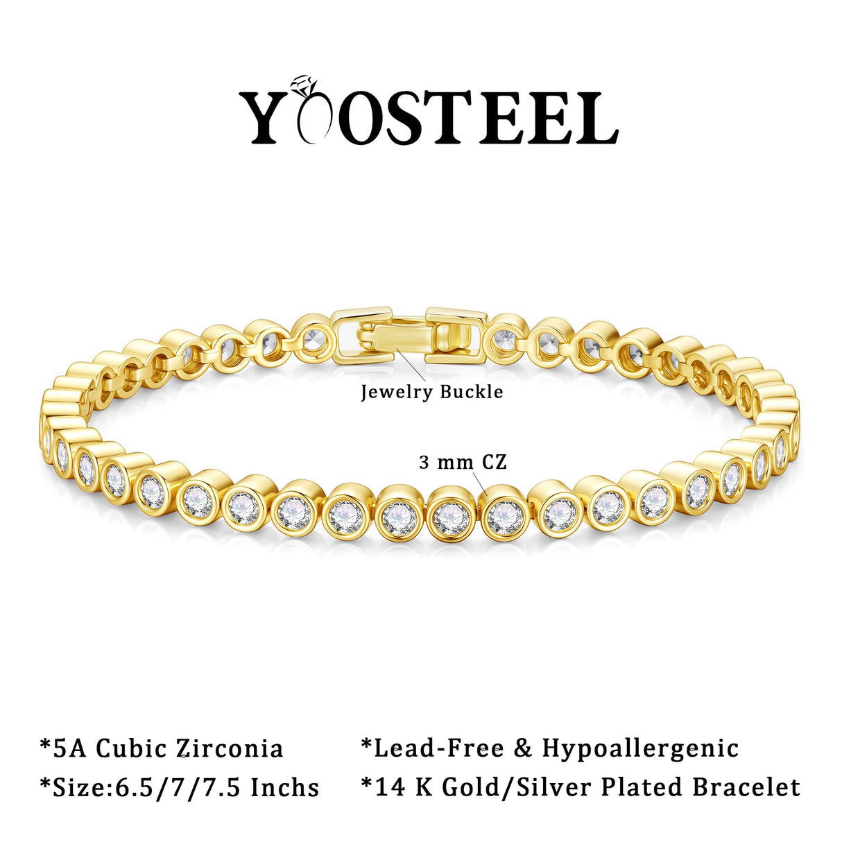 Yoosteel 14K-Gold-Plated Bezel Tennis Bracelet for Women,6.5 In CZ Bracelet
