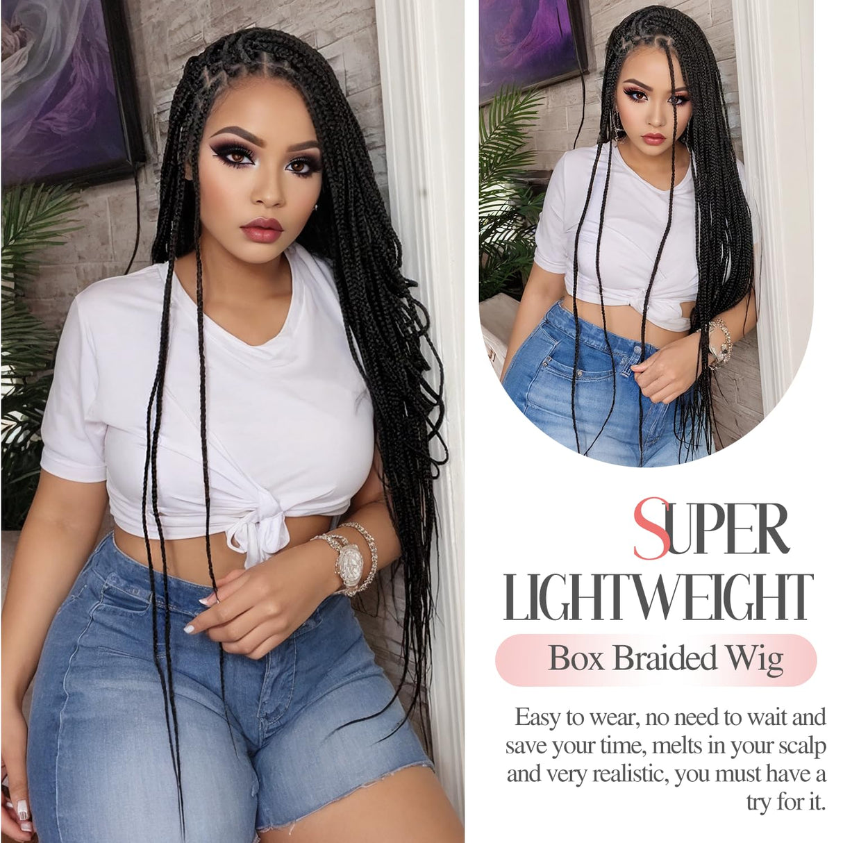 Fancy Hair 32" Braided Wig Square Knotless Box Braided Wigs for Black Women Full Double Lace Glueless Braids Wig with Baby Hair Synthetic Black Braided Wig for African American Women(Updated Version)