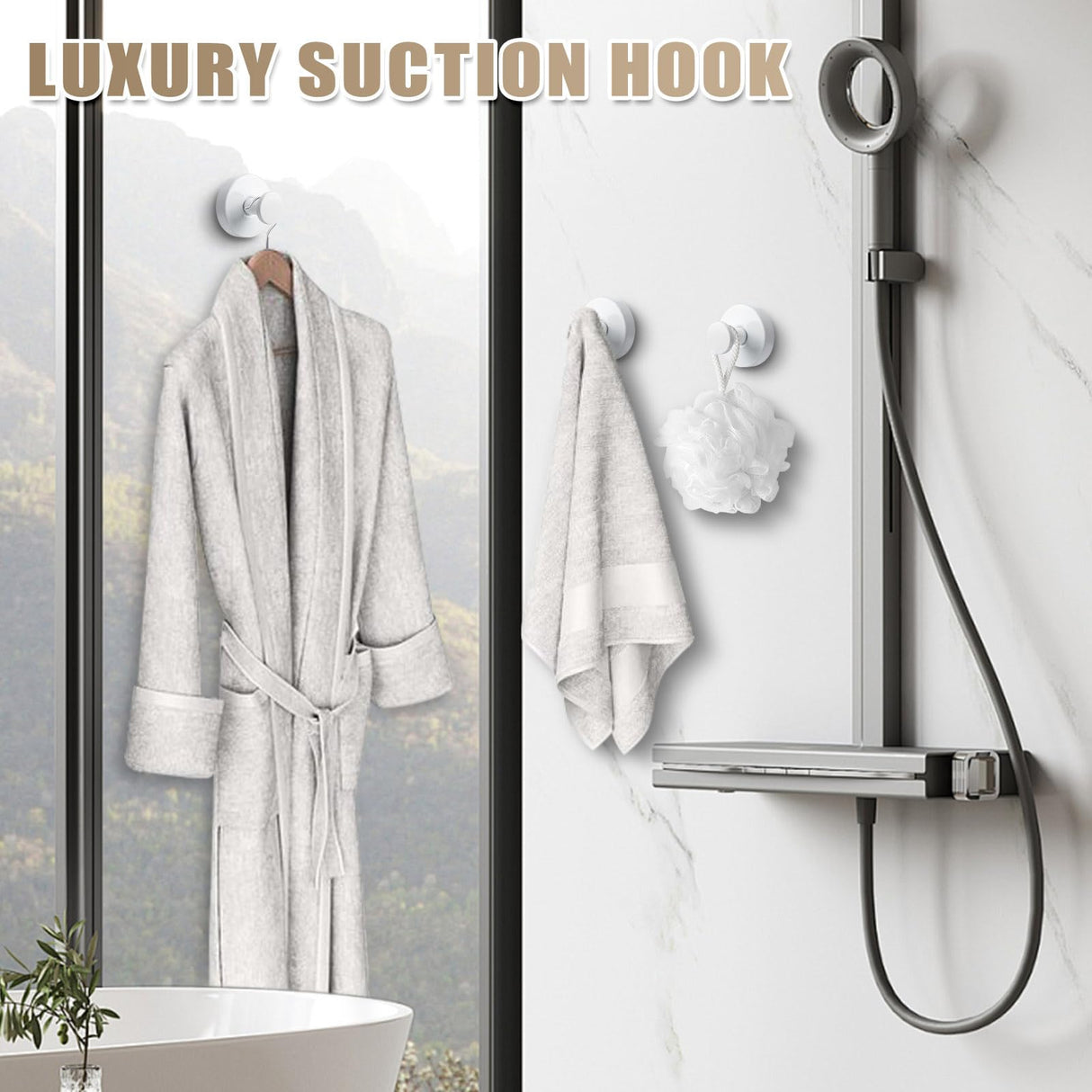 Fenas Suction Cup Hooks for Shower No-Drill Bathroom Hooks for Towels, Robes, Loofah Mountable on Bathroom Walls, Kitchen, Glass, Mirrors, Tile and Smooth,Non-Porous Surfaces (4, White)