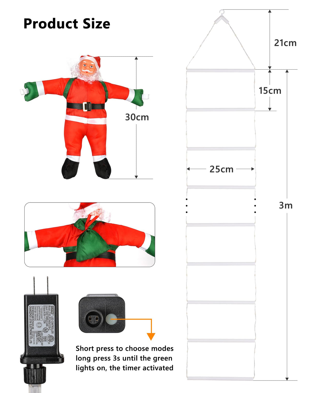 Toodour LED Christmas Lights - 10ft Christmas Decorative Ladder Lights with Santa Claus, Xmas Decorations Light for Indoor Outdoor, Window, Garden, Home, Wall, Xmas Tree Decor - White