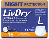 LivDry Adult Diapers Large Incontinence Underwear, Overnight, Leak Protection, 16-Pack