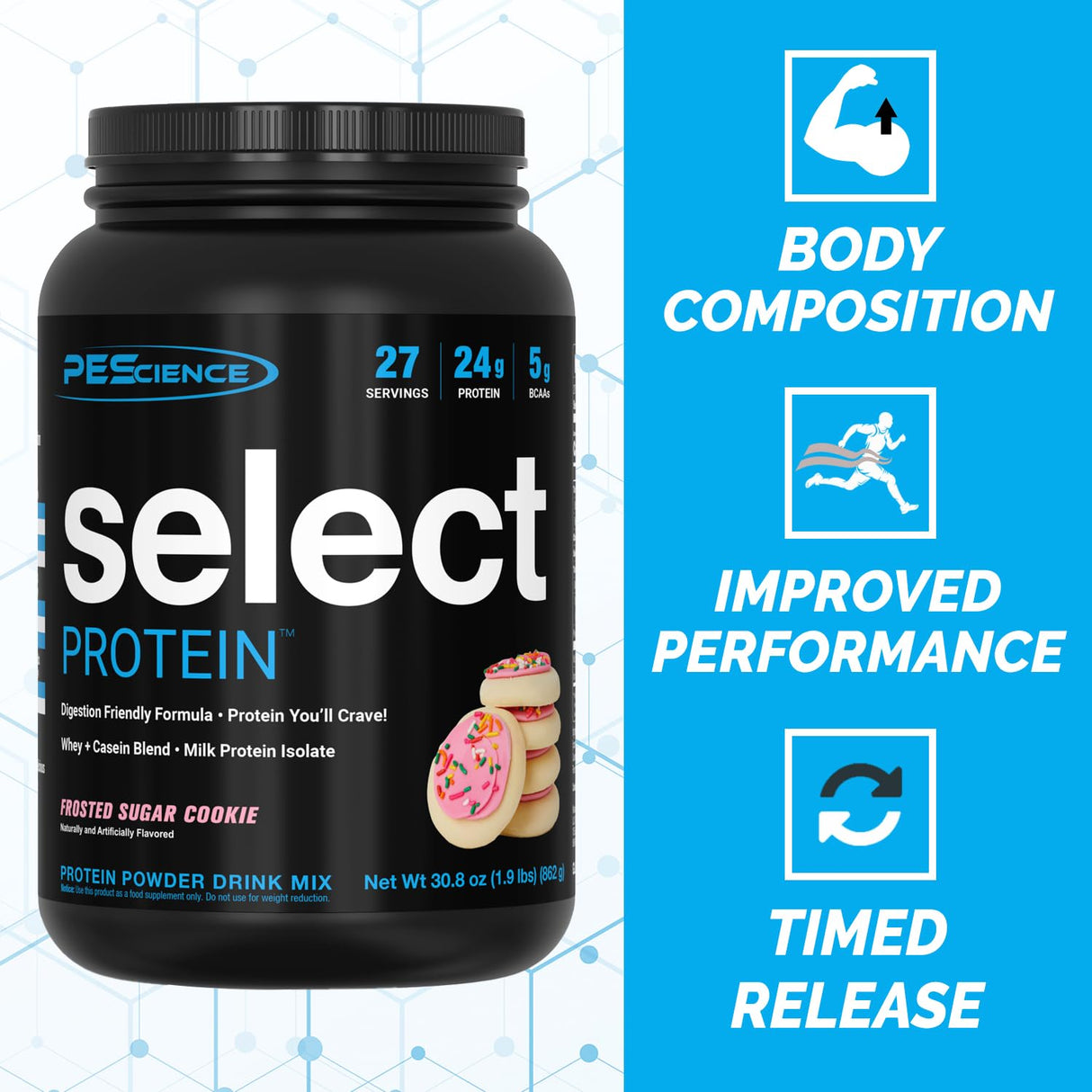 PEScience Select Protein Powder, Whey and Casein Blend, Clean Protein Powder for Women and Men, Low Calorie, Low Carb, Keto Friendly, Gluten Free, Frosted Sugar Cookie, 27 Servings